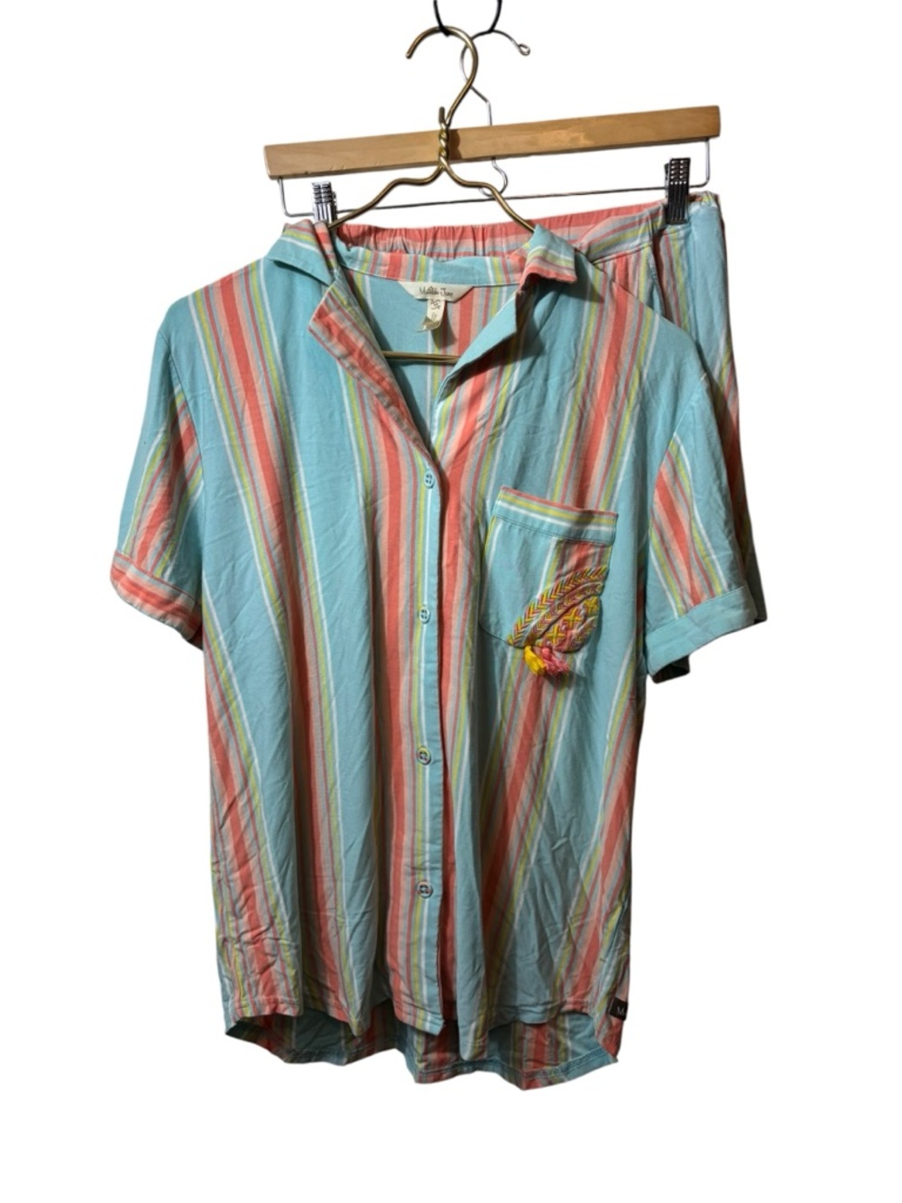 Matilda Jane Stripe Button-Up Shirt - Light Blue & Coral medium pajama set